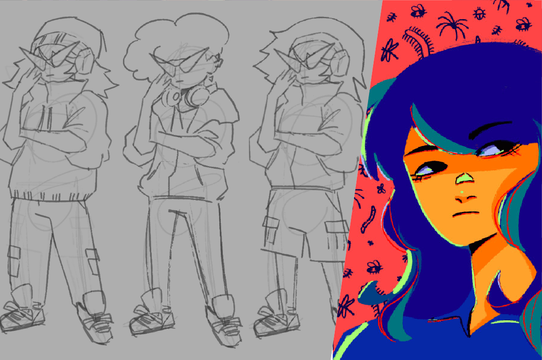 Line-up de personajes: bocetos a lápiz junto al diseño final a color