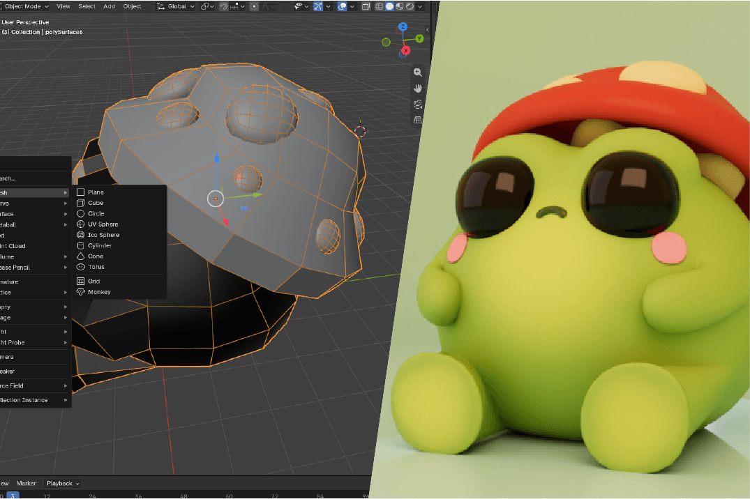 Malla del personaje en Blender junto a su render final