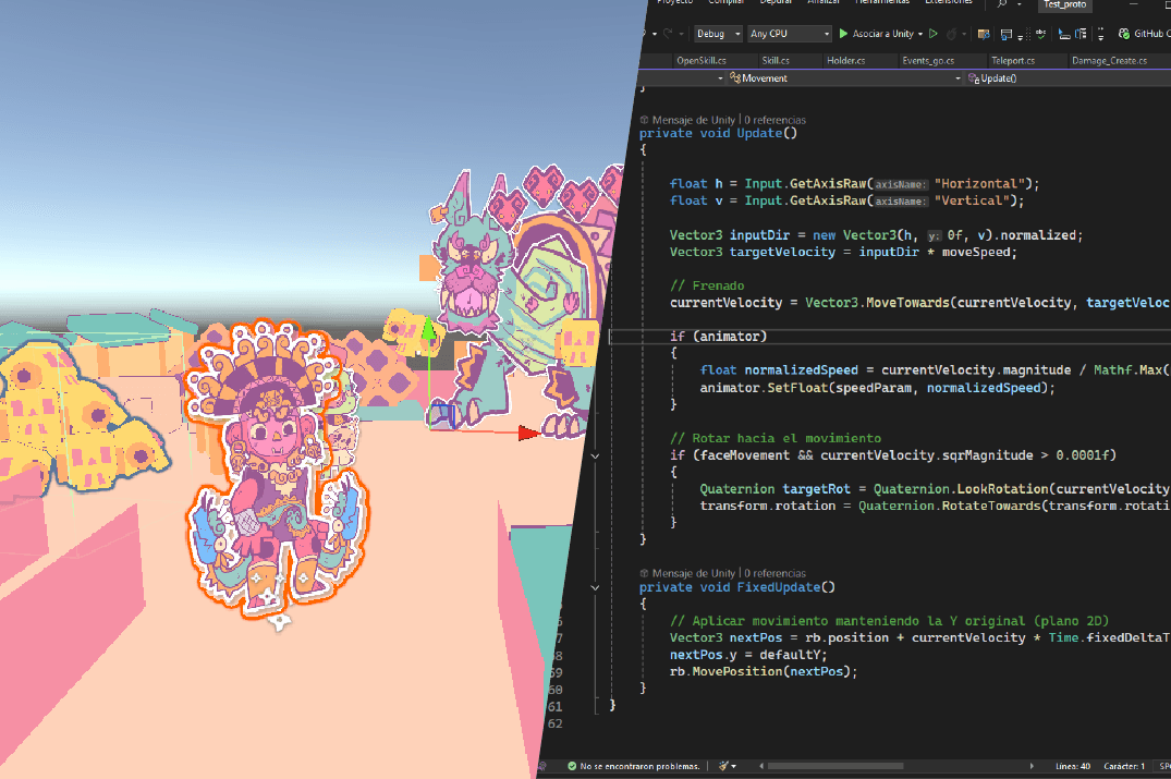Nivel del videojuego en Unity junto al código del movimiento del personaje