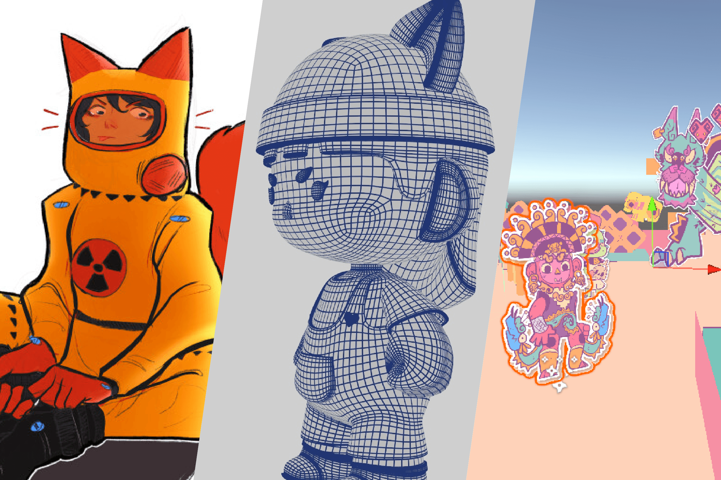 Trabajos de los tres cursos: ilustración de personaje, modelo 3D en wireframe y nivel jugable en Unity